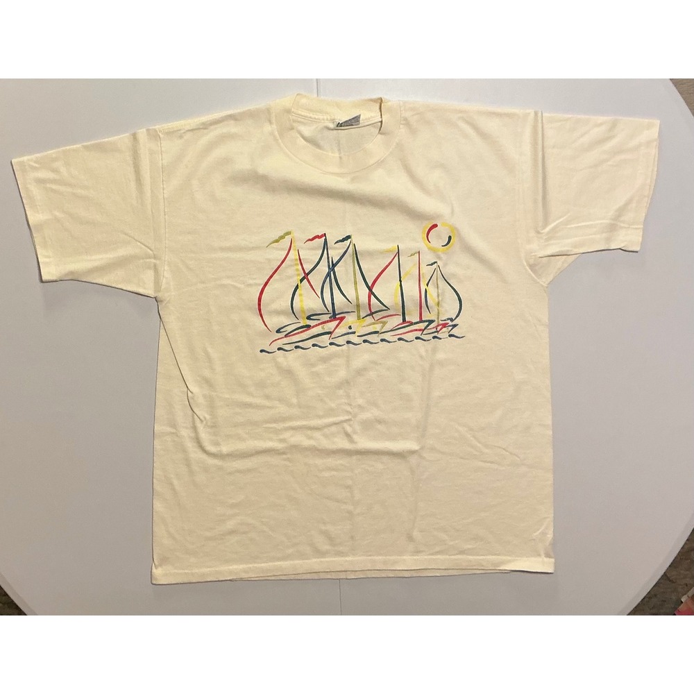 VTG 90s USA Made Single Stitch Sailboat T-Shirt Cream XL Beach Travel Coastal